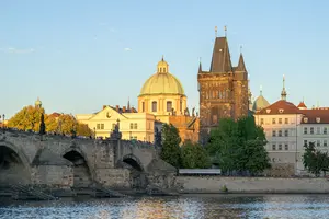view over river to old town with charles bridge