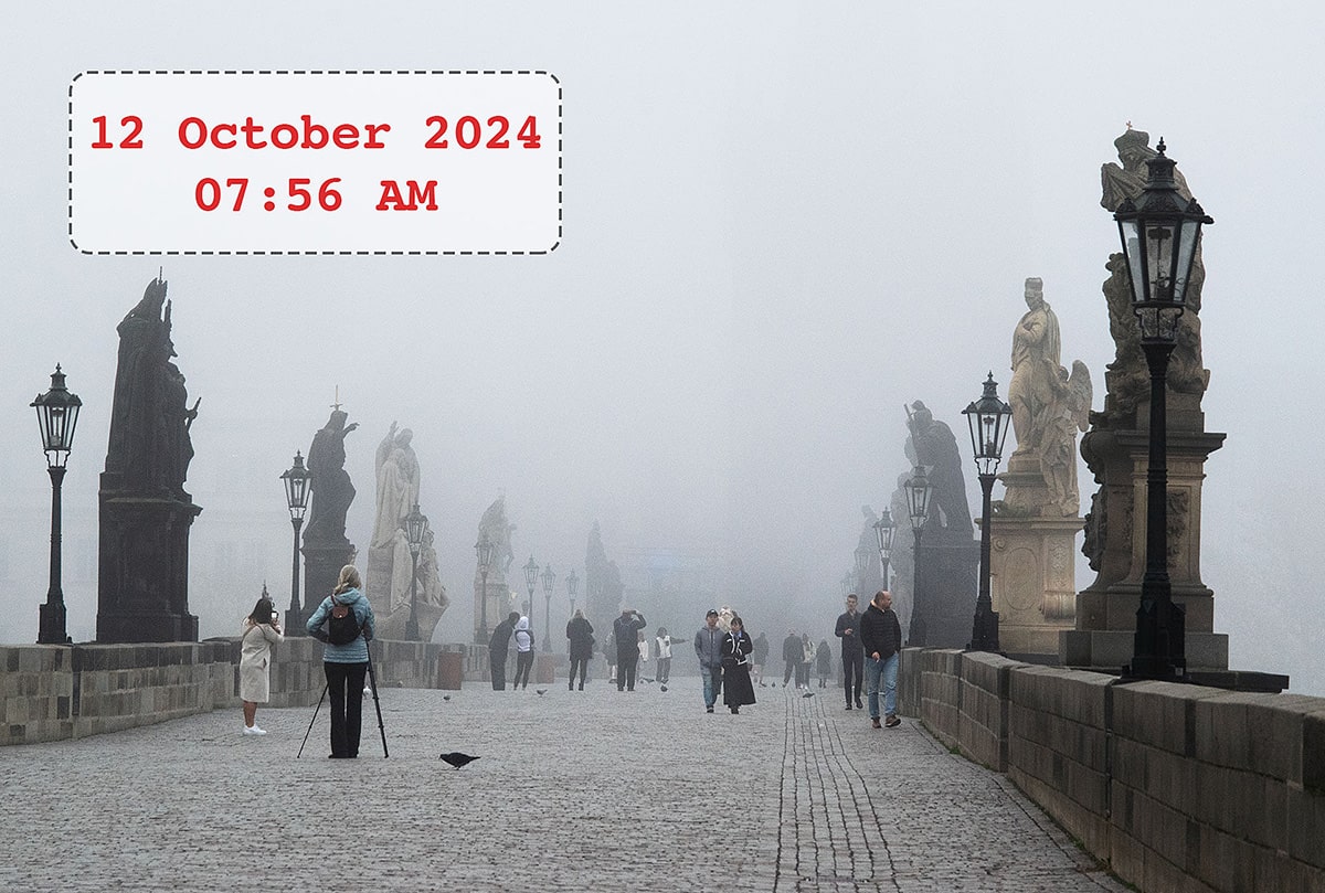 Charles Bridge early morning with time stamp