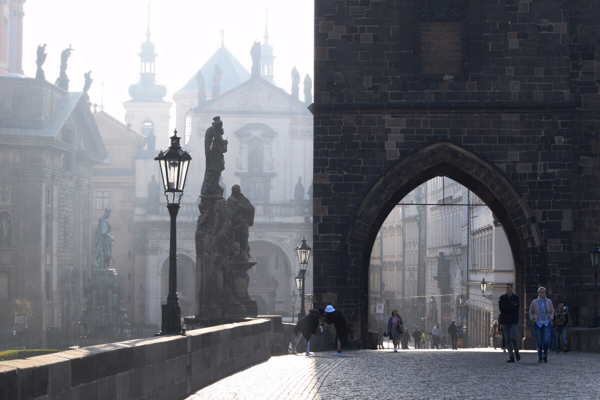 Charles bridge facing Old Town hazy morning Charles bridge facing Old Town hazy morning