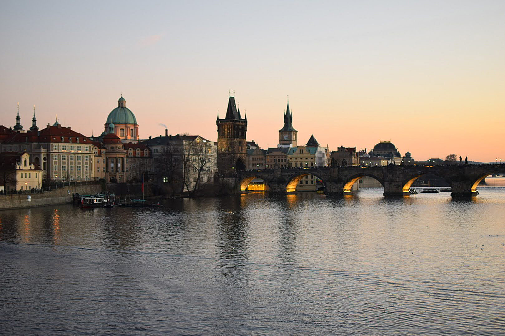 Charles Bridge at Sunset with Old Town spires