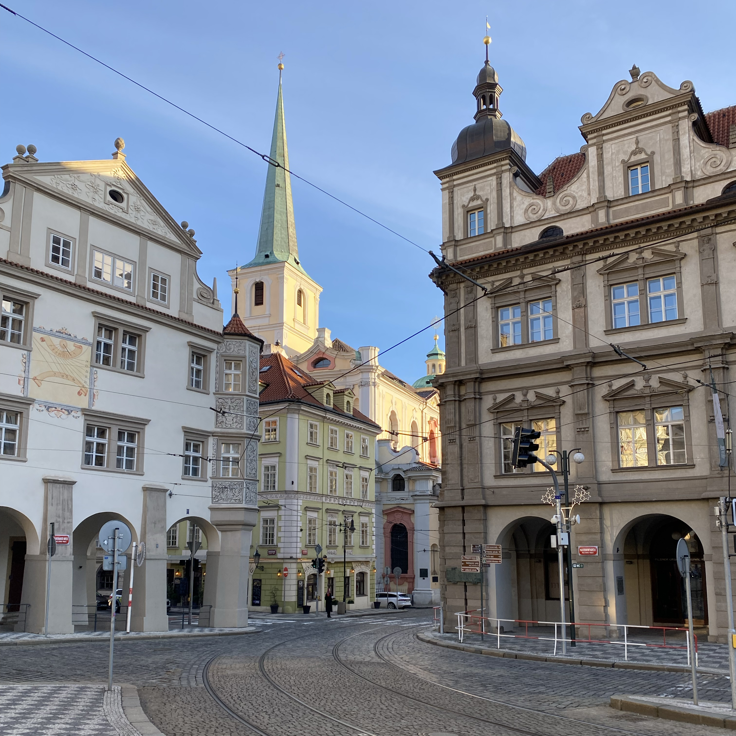 Buildings and tram tracks of Mala Strana, little quarter in Prague Buildings and tram tracks of Mala Strana, little quarter in Prague