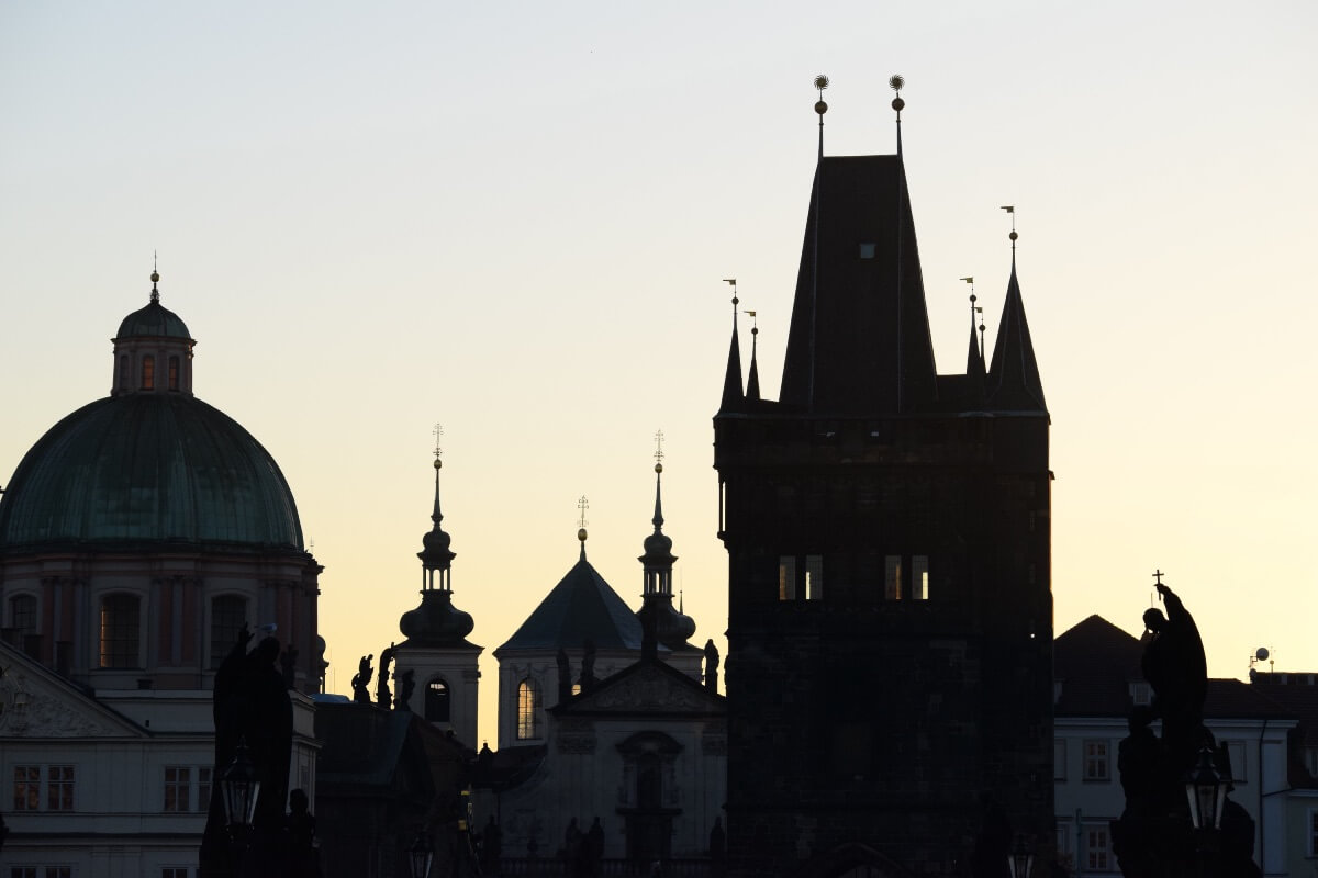 Old Town silo from Charles Bridge at sunrise