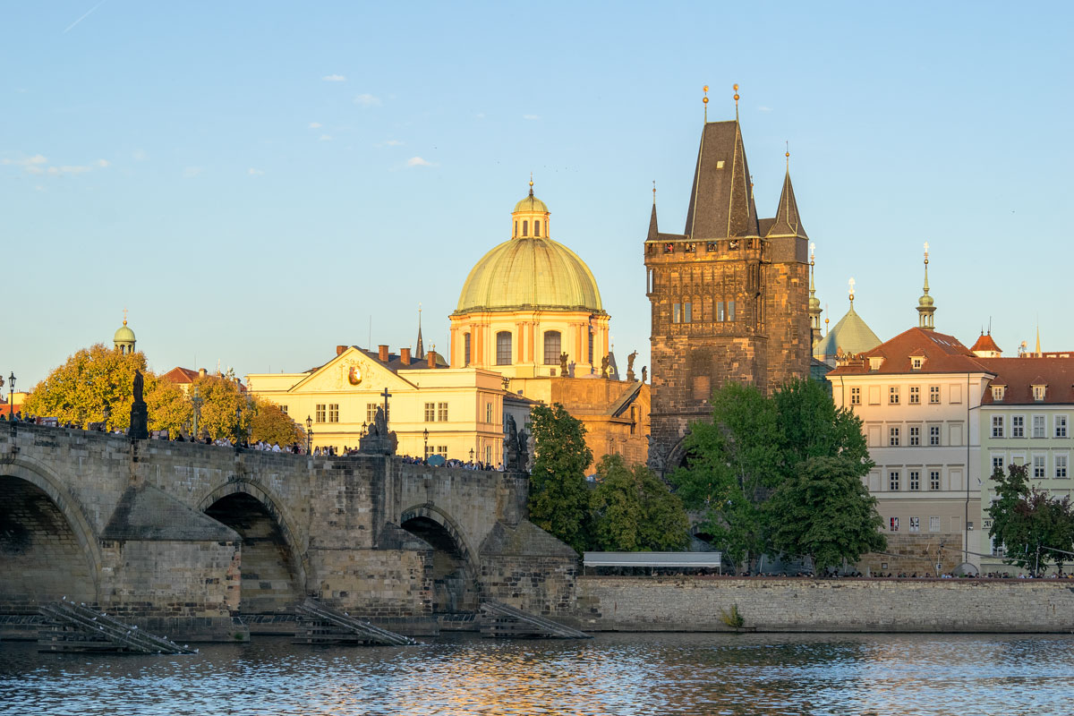 view over river to old town with charles bridge