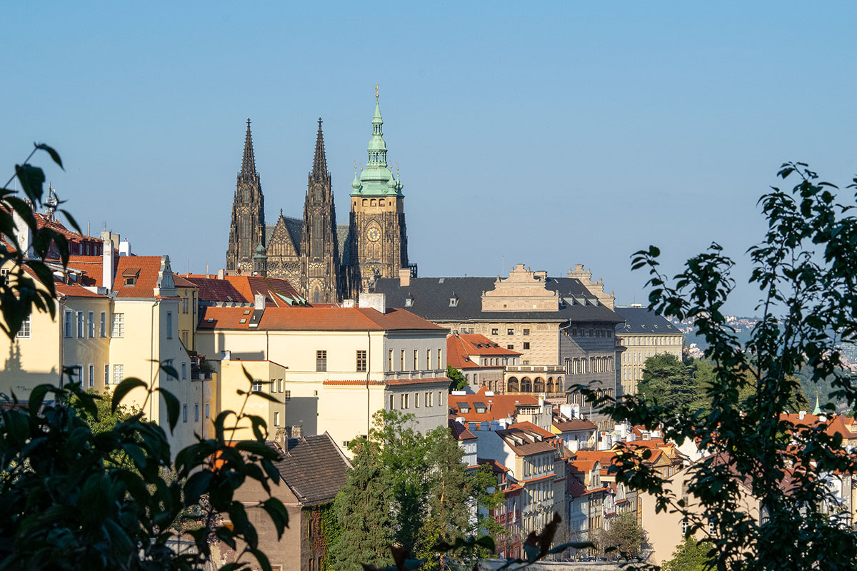 View of castle hradcany from petrin through trees