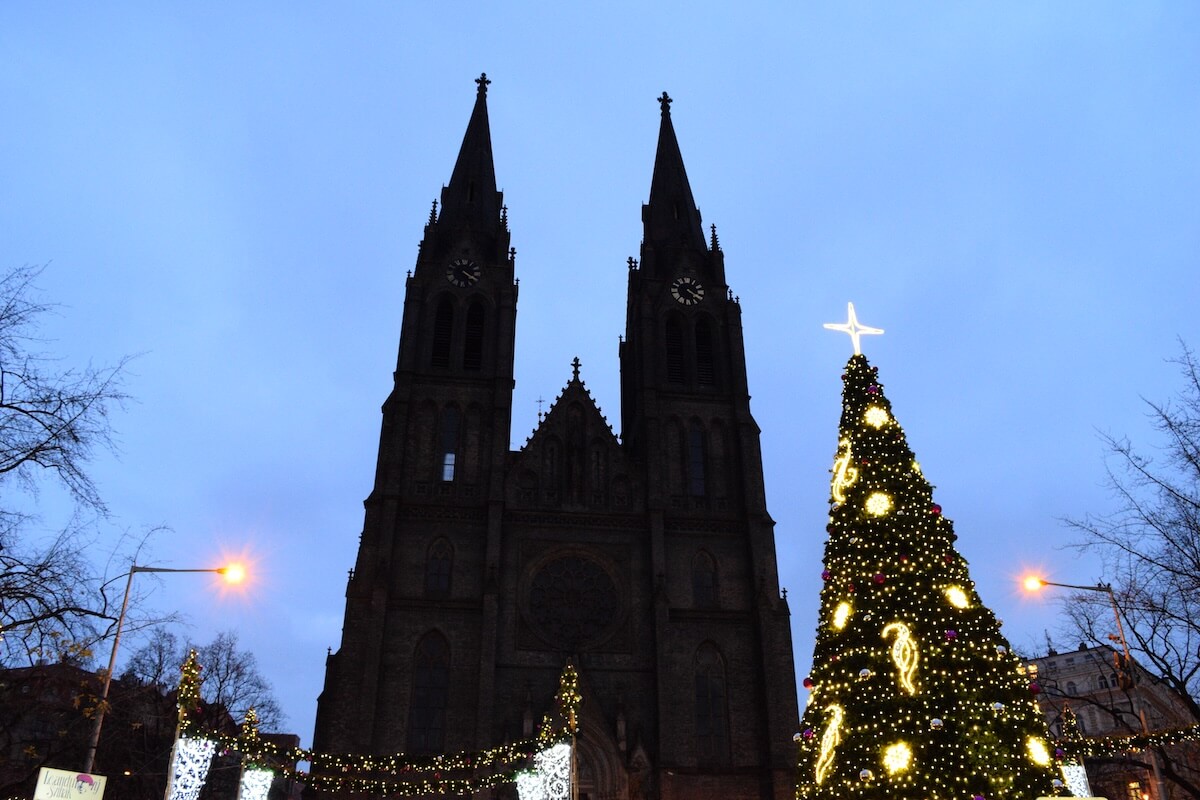 Christmas decorations below Church at Namesti Miru in Vinohrady Prague
