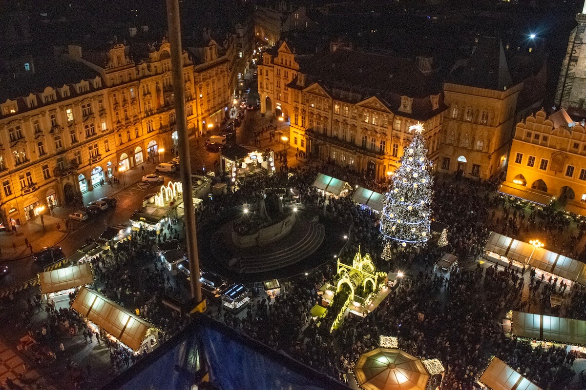 View of Prague Christmas markets from Old Town Hall Tower
